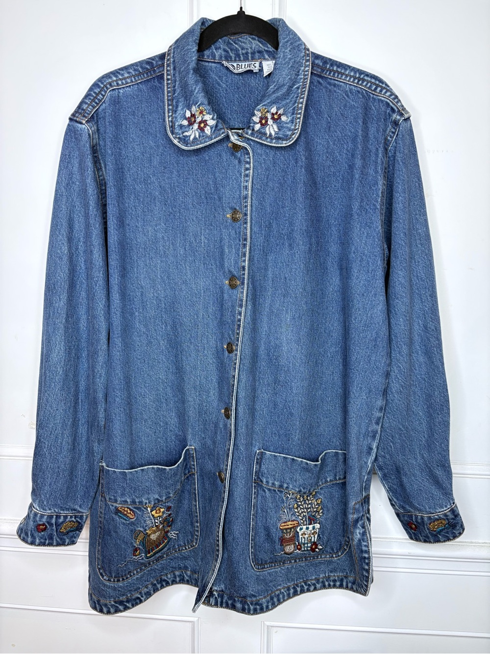 Blue Embroidered Denim Chore Jacket with Patch Pockets